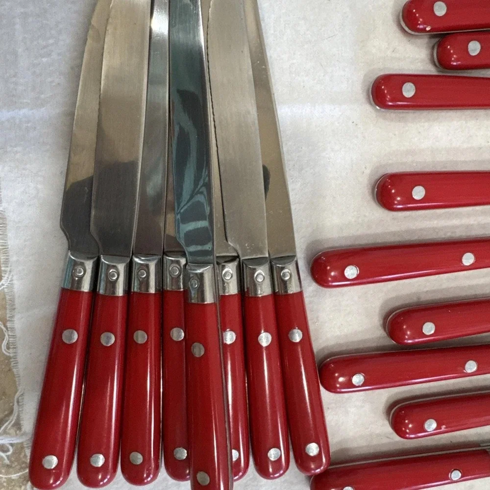 23 Lifetime Paris Splendour Stainless Flatware Spoon Fork Rivets Red Handle VTG